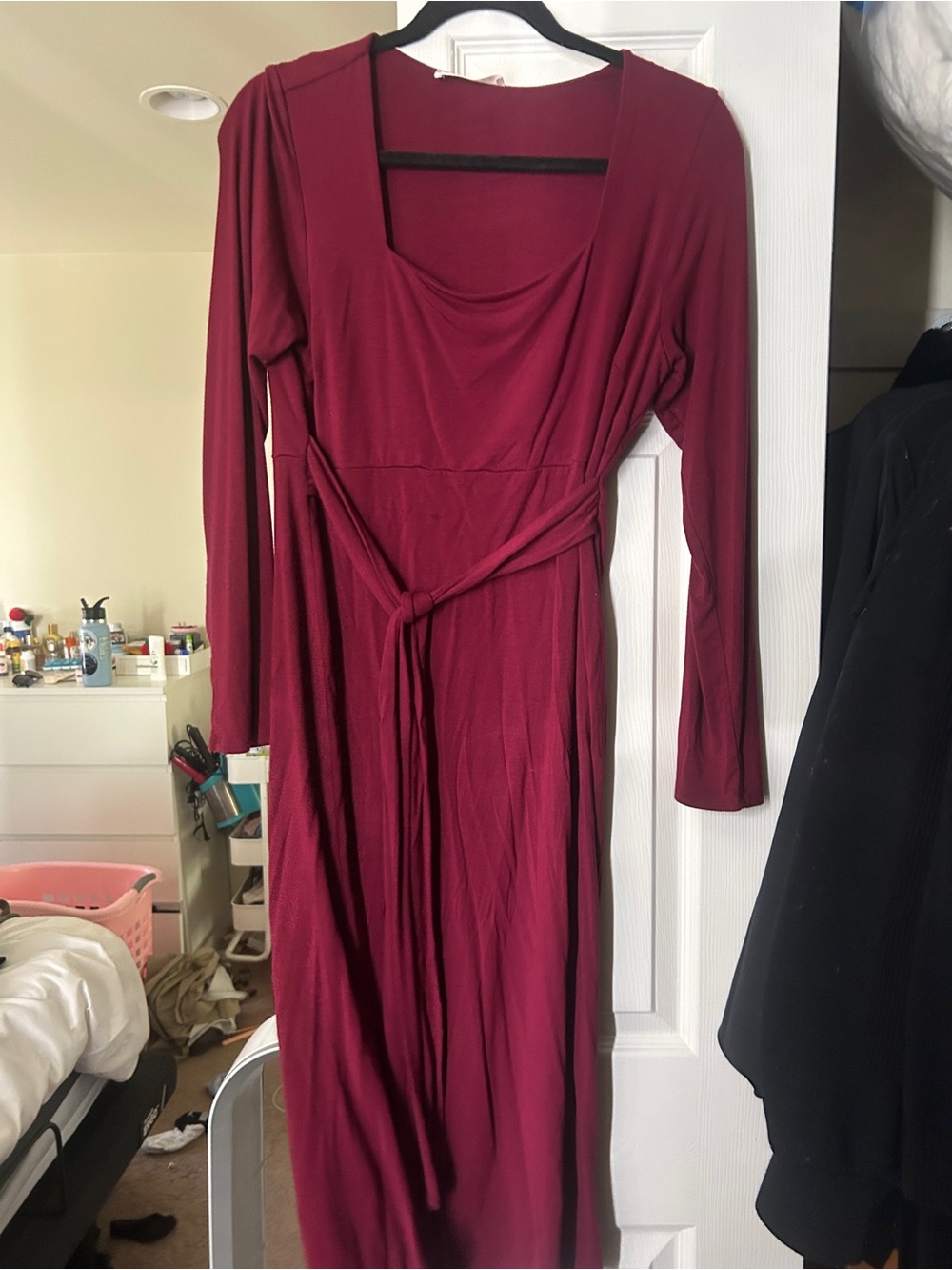 Maternity Burgundy Long Sleeve Wrap-Style Midi Dress